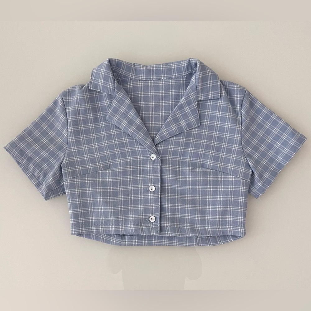 SHEIN Plaid Lapel Neck Button Up Blouse in Blue